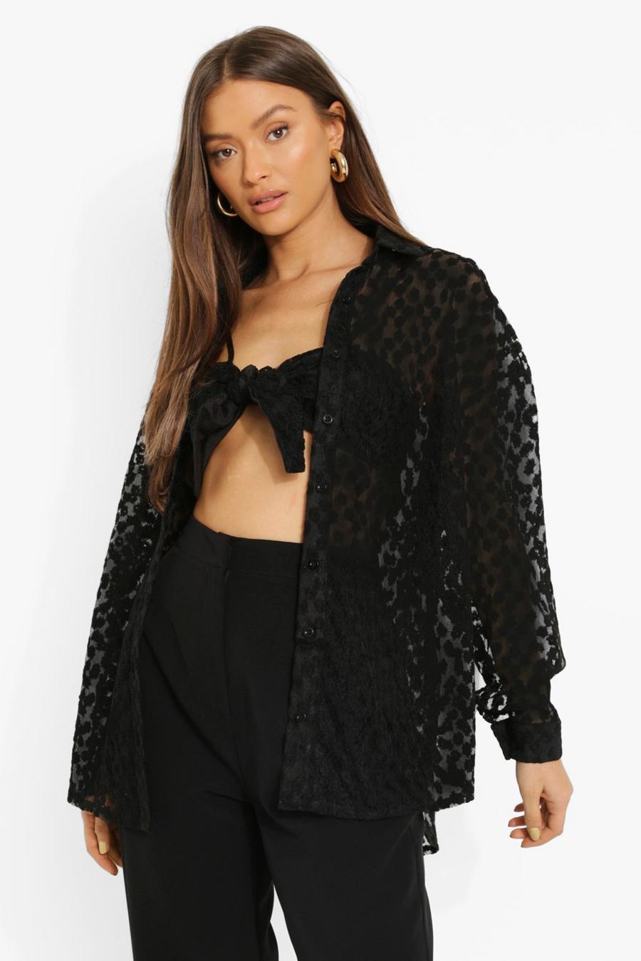 Black Embroided Lace Oversized Shirt And Bralette image number 1