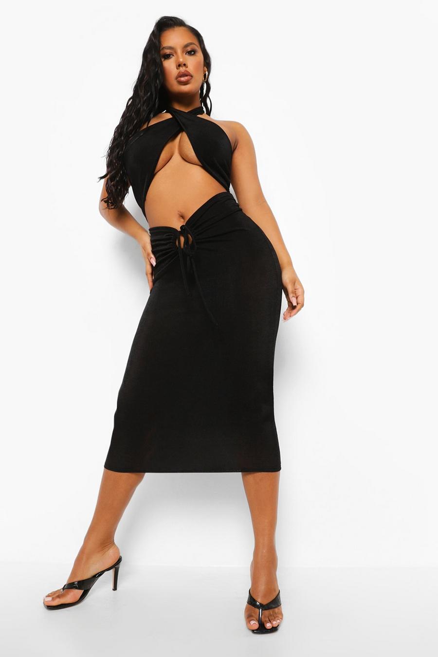 Black Textured Slinky Halter Bralette And Midi Skirt image number 1