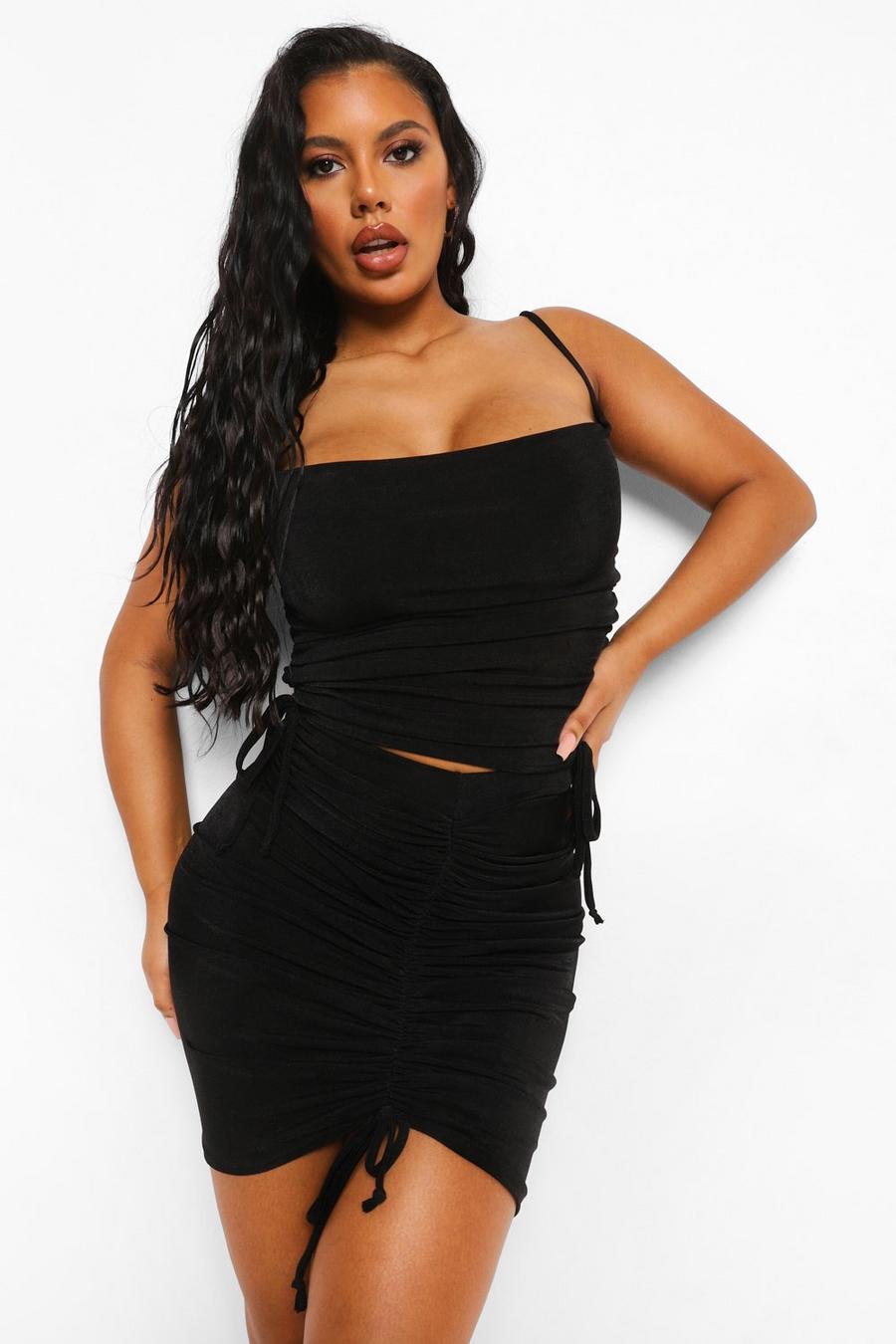Black Textured Slinky Cowl Top & Ruched Skirt image number 1
