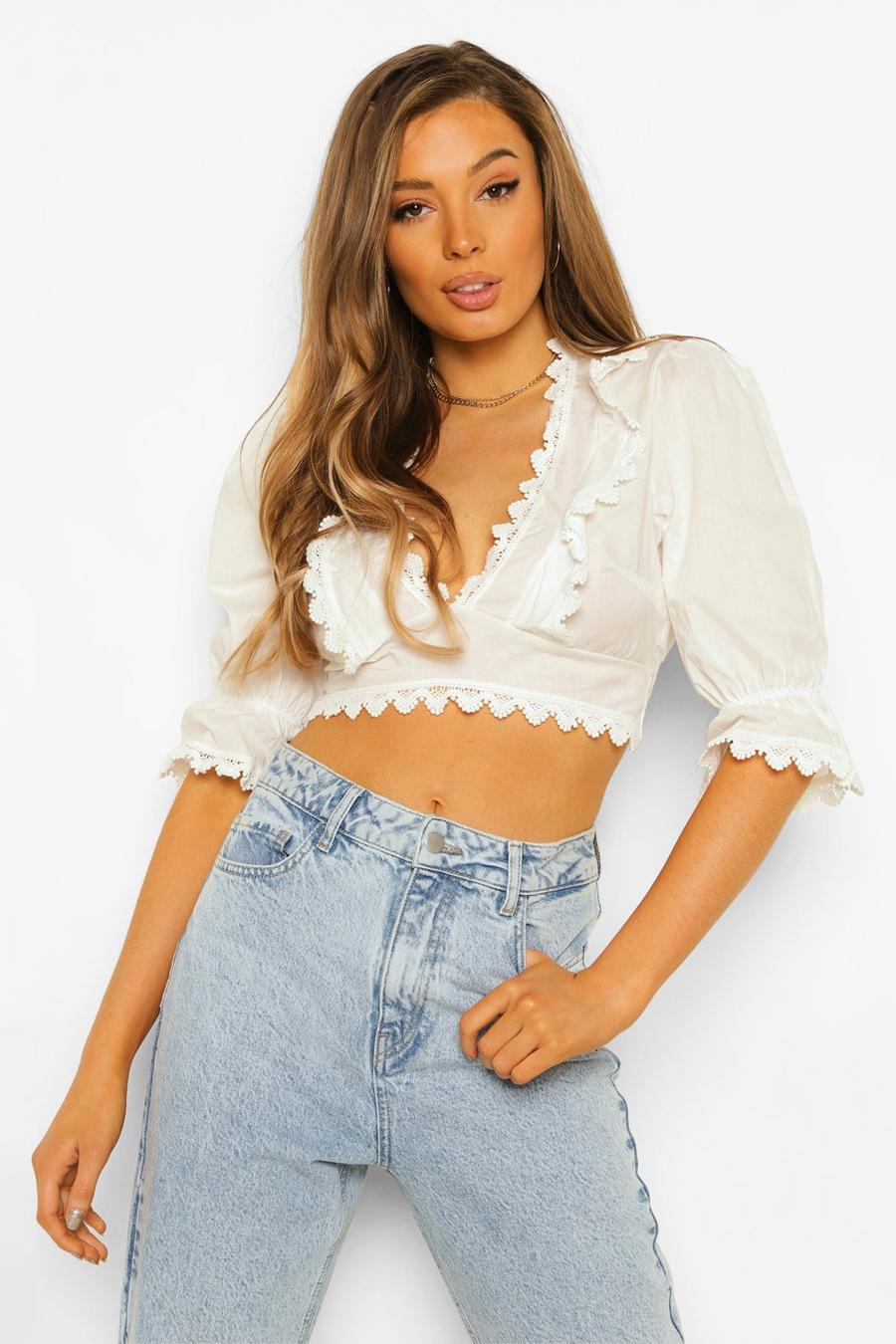 Ivory Lace Trim Ruffle Detail Crop Top image number 1