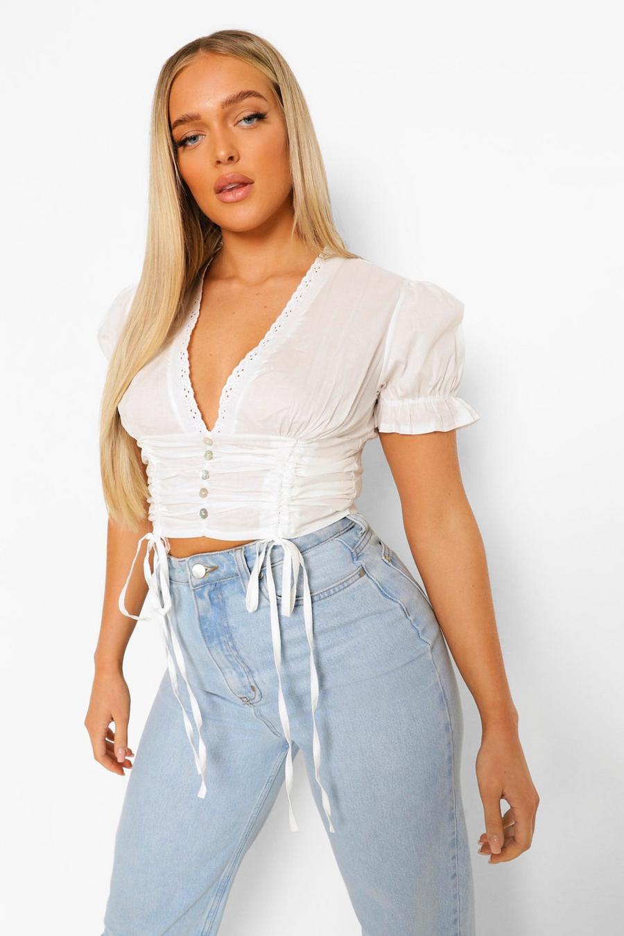 Ivory Woven Ruched Detail Crop Top image number 1