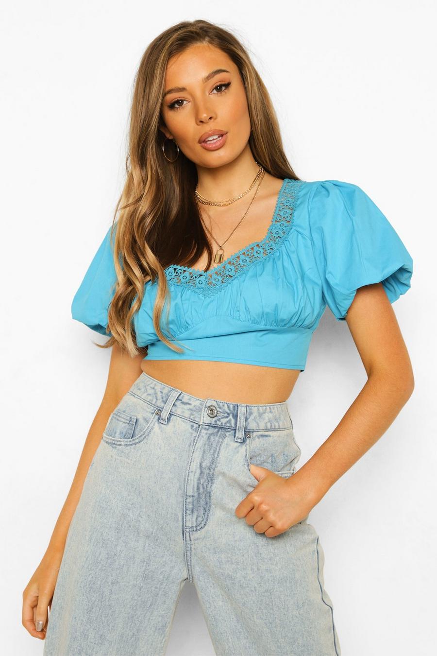 Aqua Woven Lace Trim Puff Sleeve Crop Top image number 1