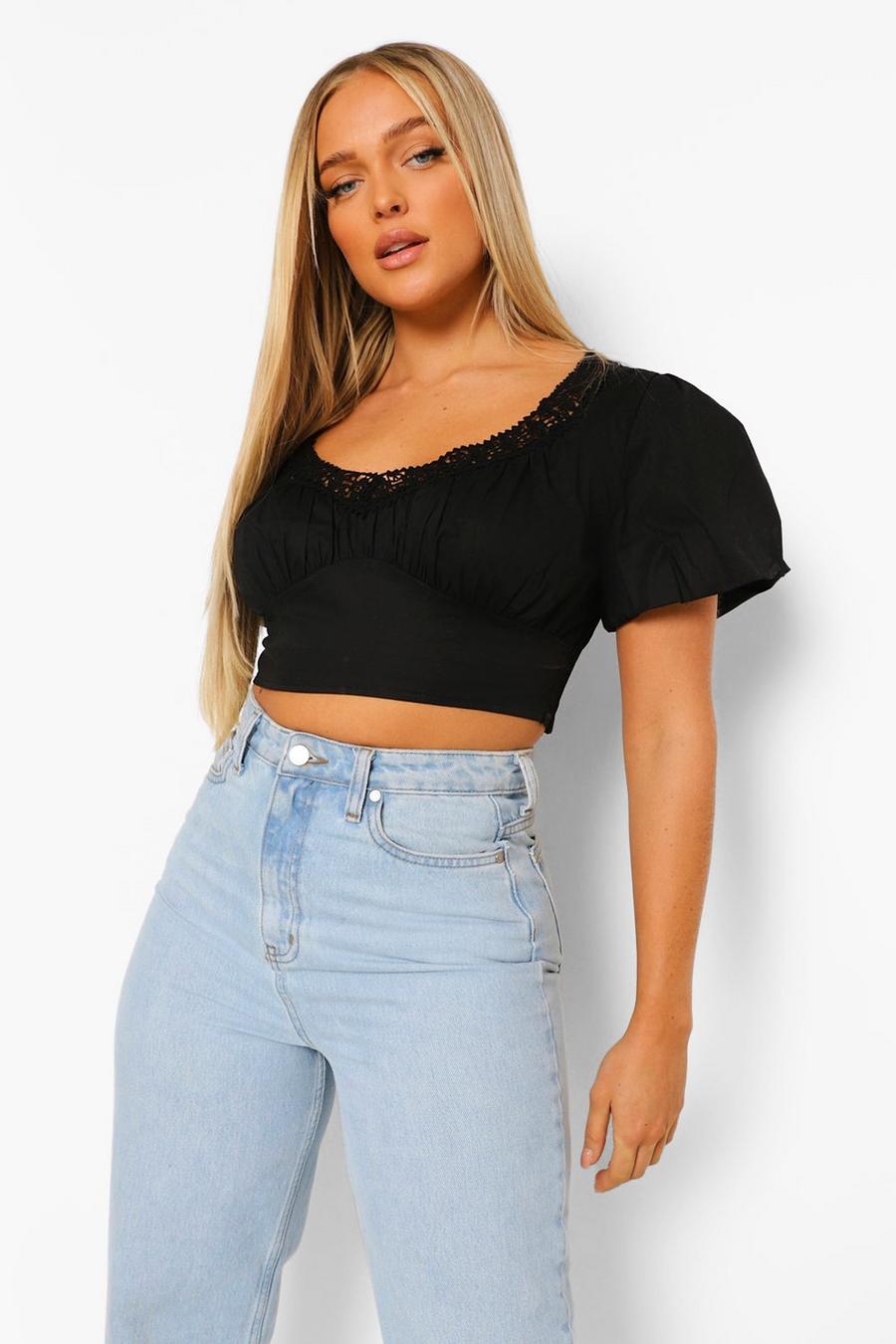 Black Woven Lace Trim Puff Sleeve Crop Top image number 1