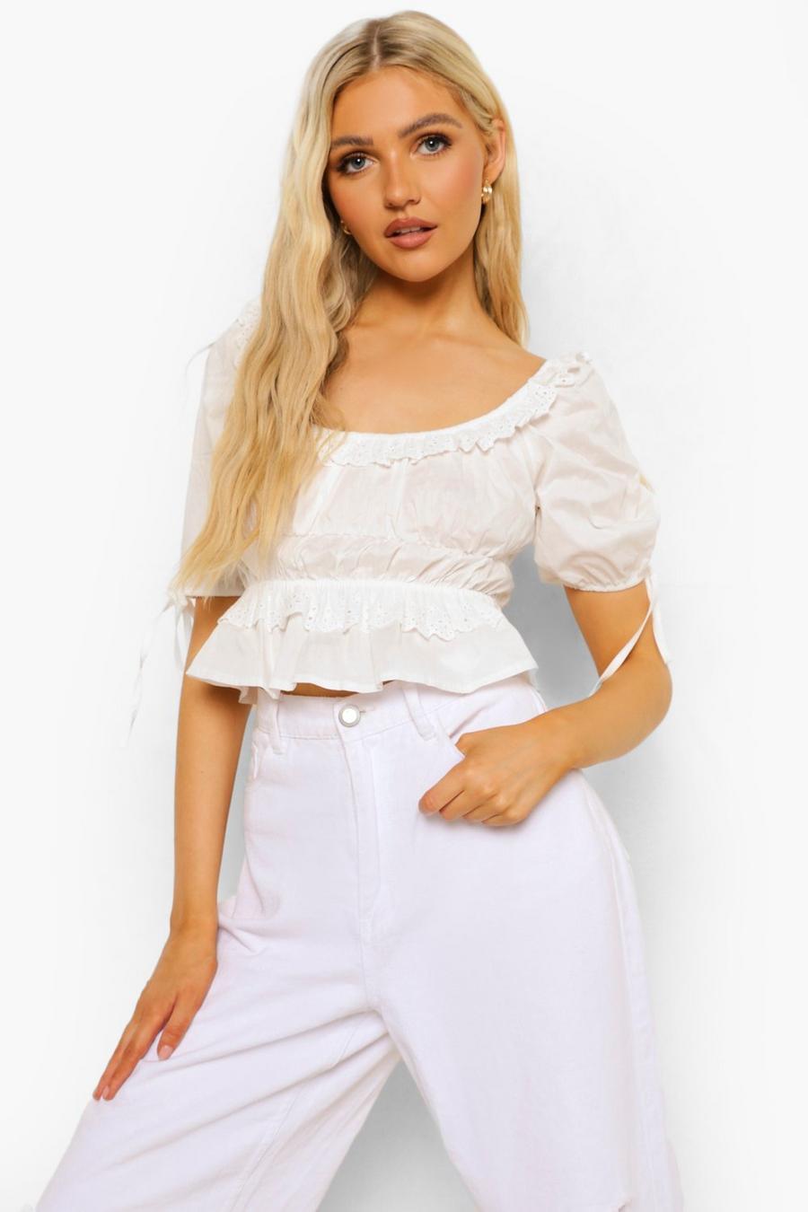 Ivory Woven Ruffle Detail Peplum Top image number 1