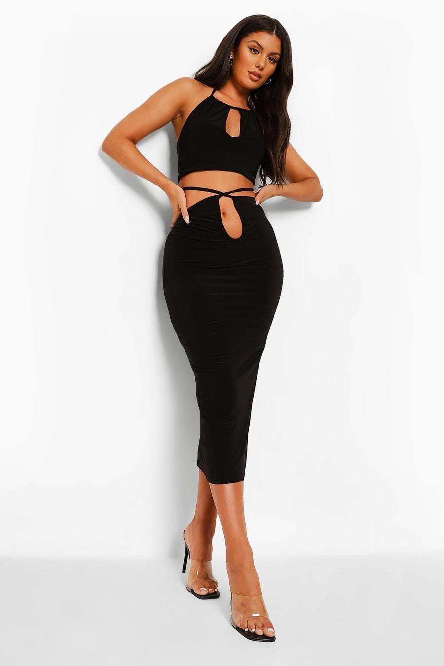 Black Double Layer Slinky Crop And Cut Out Midi image number 1
