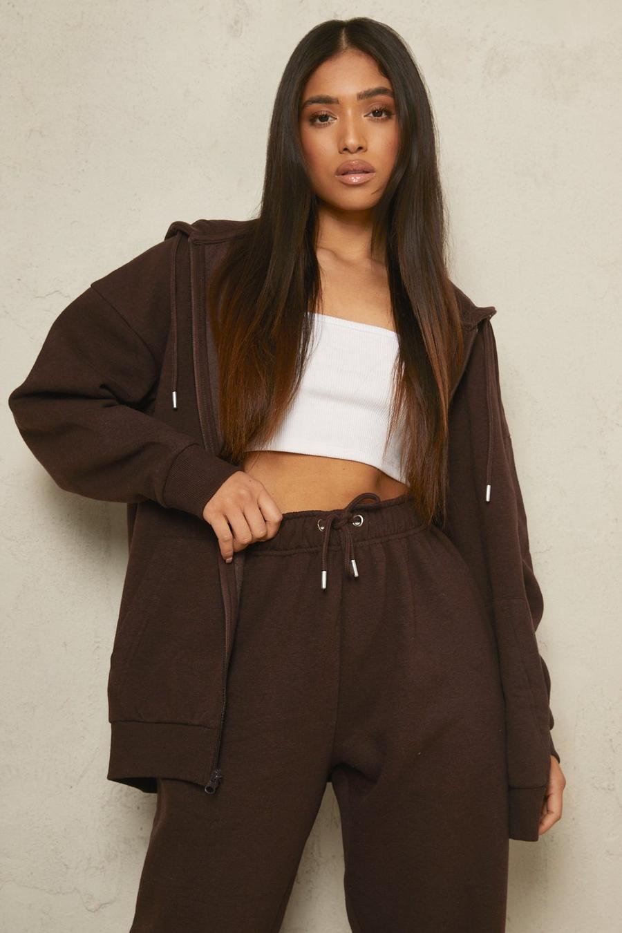 Women's Brown Petite Recycled Oversized Zip Through Hoodie | Boohoo UK |  grungy aesthetic with this work jacket from