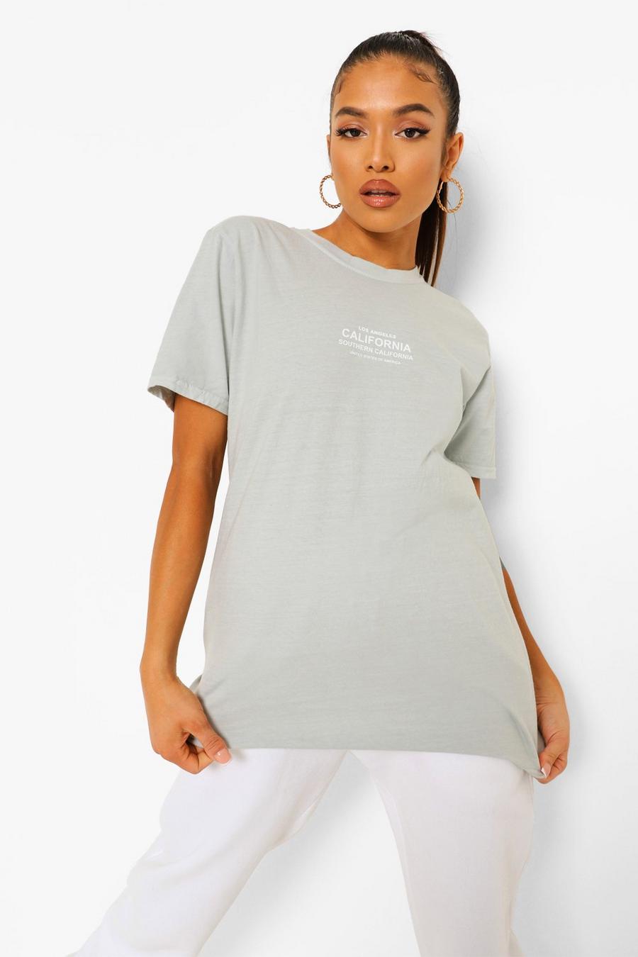 PETITE T-Shirt mit Washed-Effekt und „California“-Print, Salbeigrün image number 1