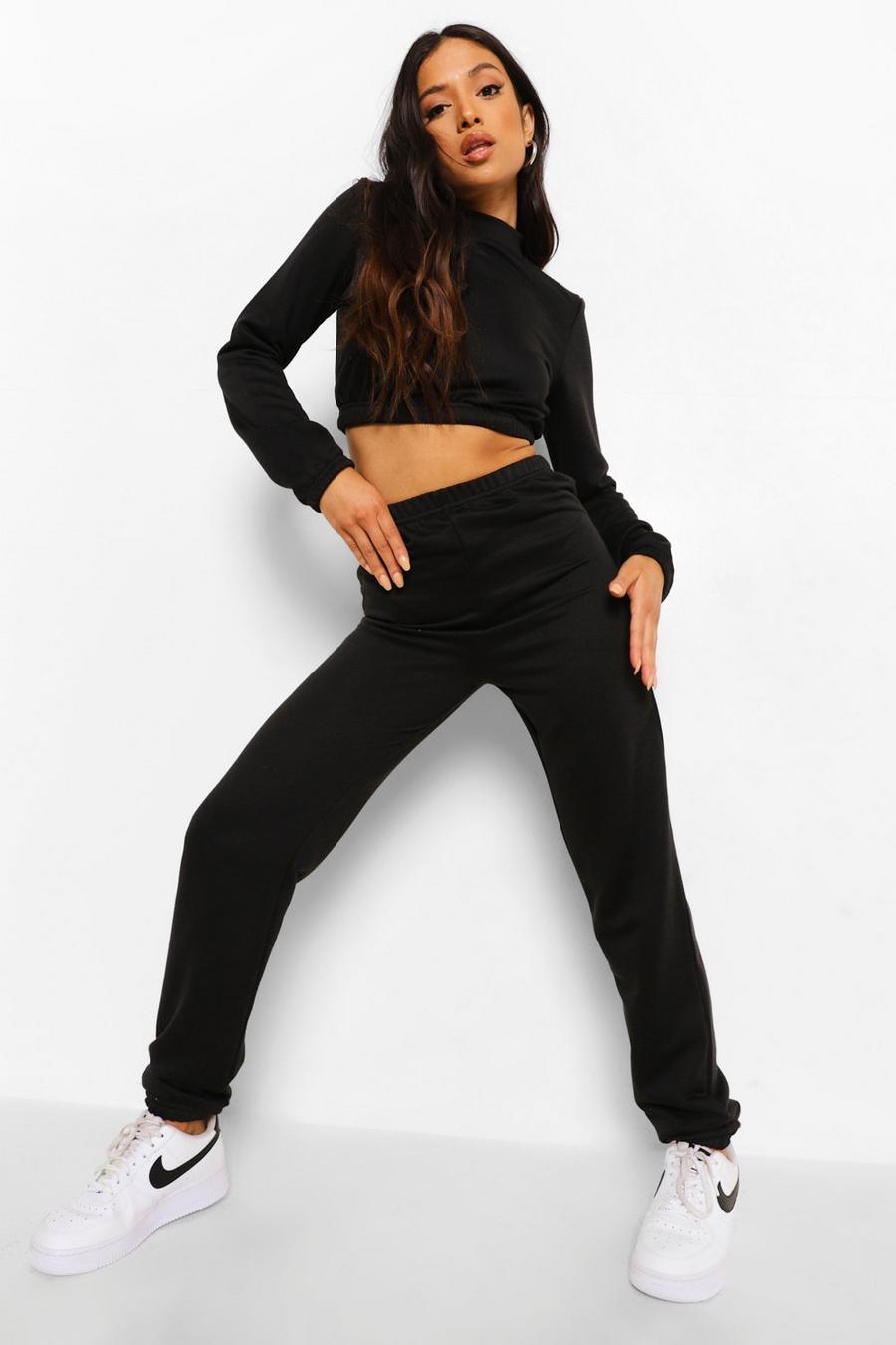 שחור חליפת טרנינג פטיט עם סווטשירט קרופ ומכנסי ריצה image number 1