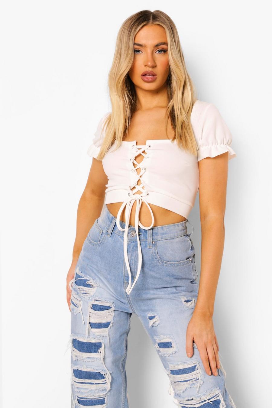Ivory Lace Up Square Neck Crop Top image number 1