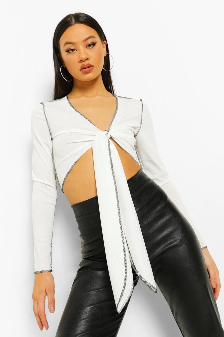 Ivory Contrast Exposed Seam Tie Front Crop Top image number 1