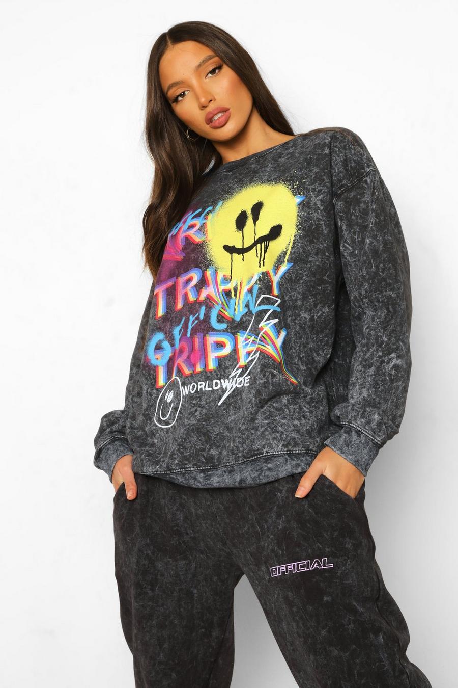 Charcoal Tall Spray Face Acid Wash Oversize Sweatshirt image number 1