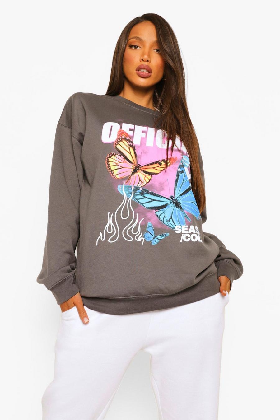 Charcoal Tall - Oversize sweatshirt med fjäril image number 1