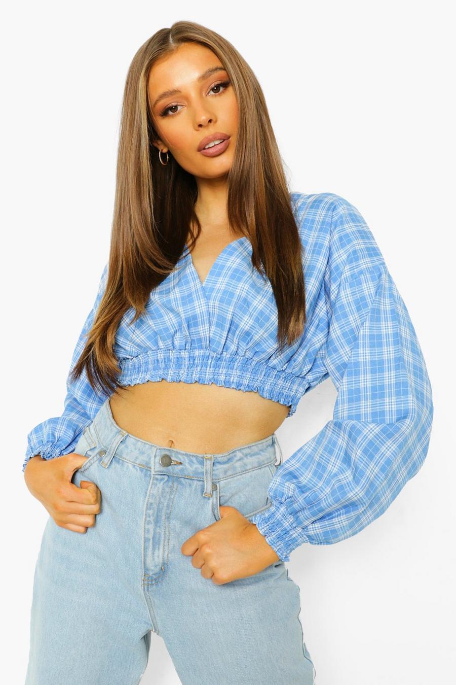 Blue Crop Long Sleeved Button Up Check Shirt image number 1