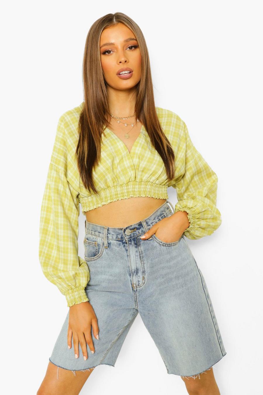 Lime Crop Long Sleeved Button Up Check Shirt image number 1