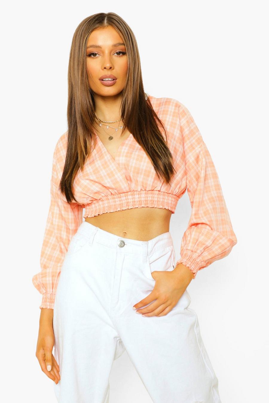 Nude Crop Long Sleeved Button Up Check Shirt image number 1