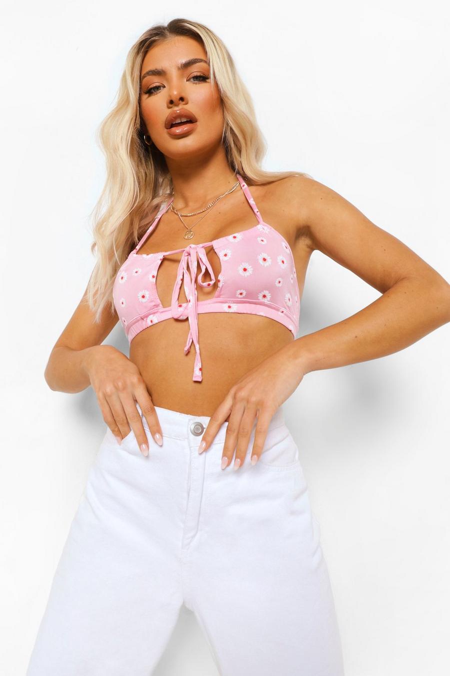 Baby pink Ditsy Print Cut Out Strappy Extreme Crop Top image number 1