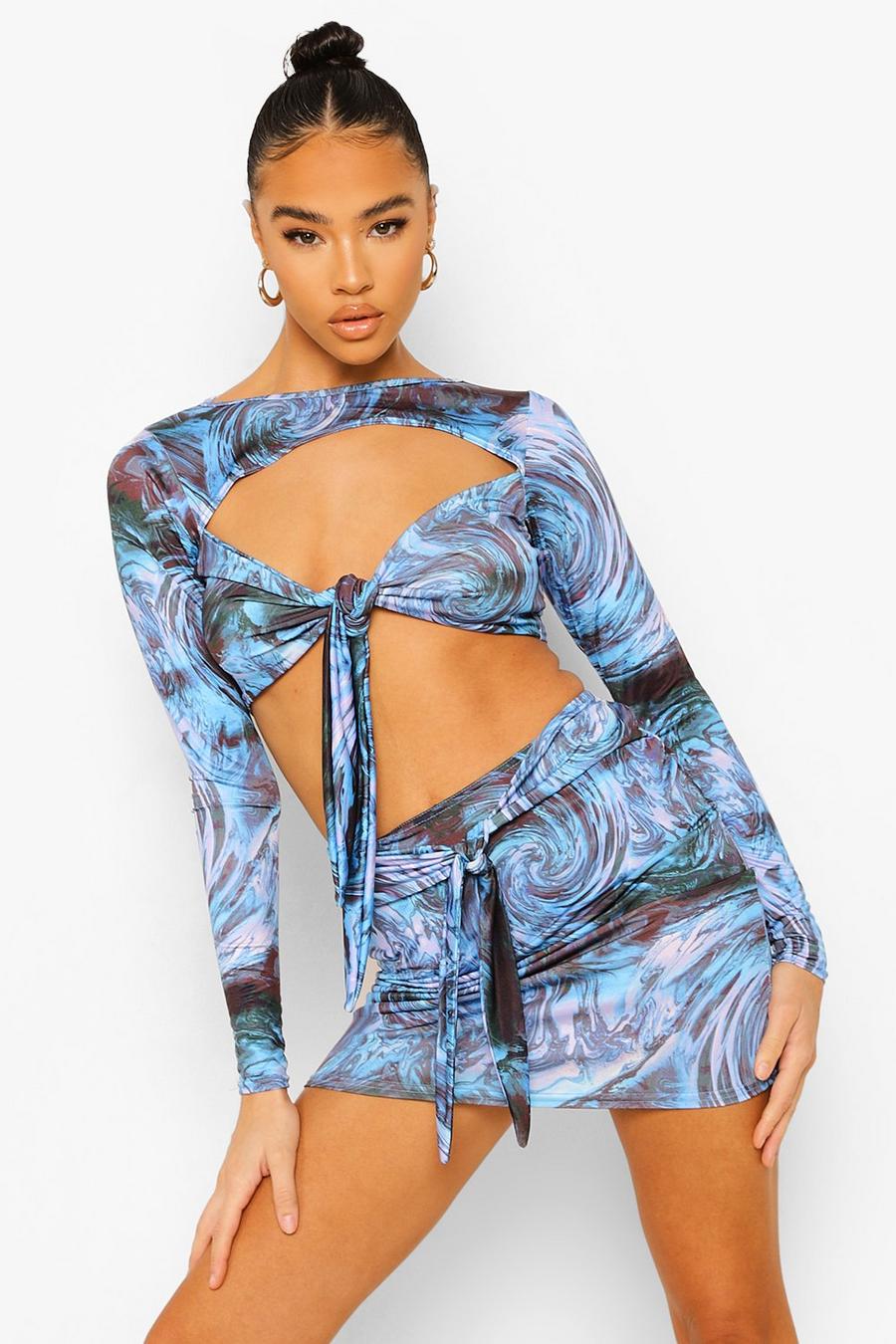 Blue Bright Marble Print Crop And Mini Skirt image number 1