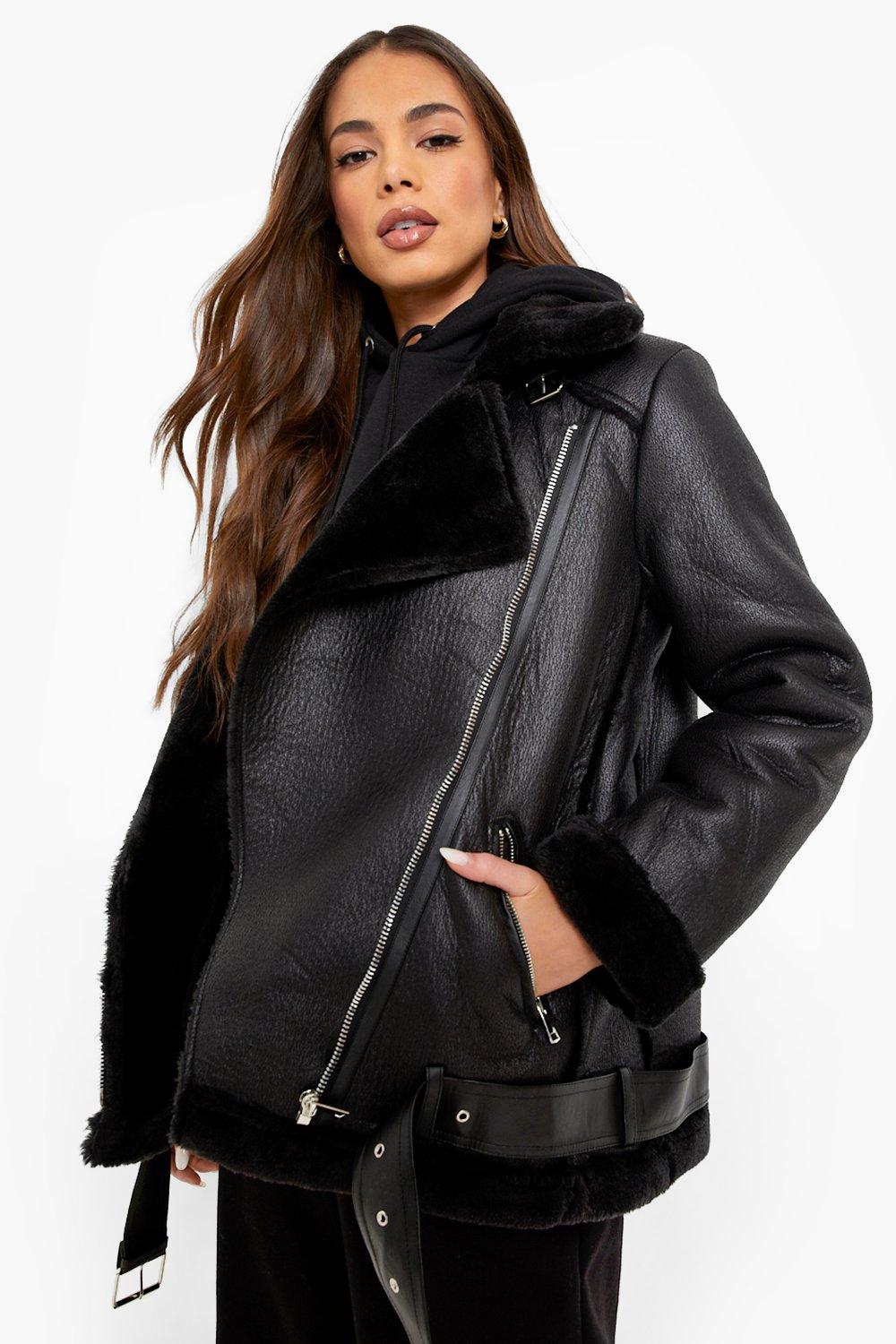 Black faux fur store crested button aviator jacket