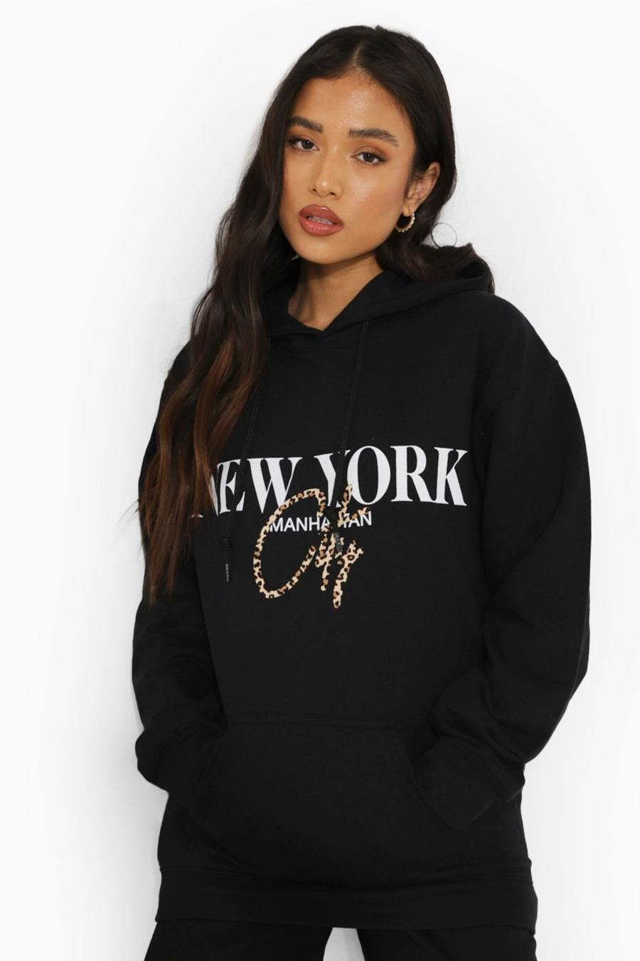 Black Petite - "New York" Oversize hoodie med leopardmönster image number 1
