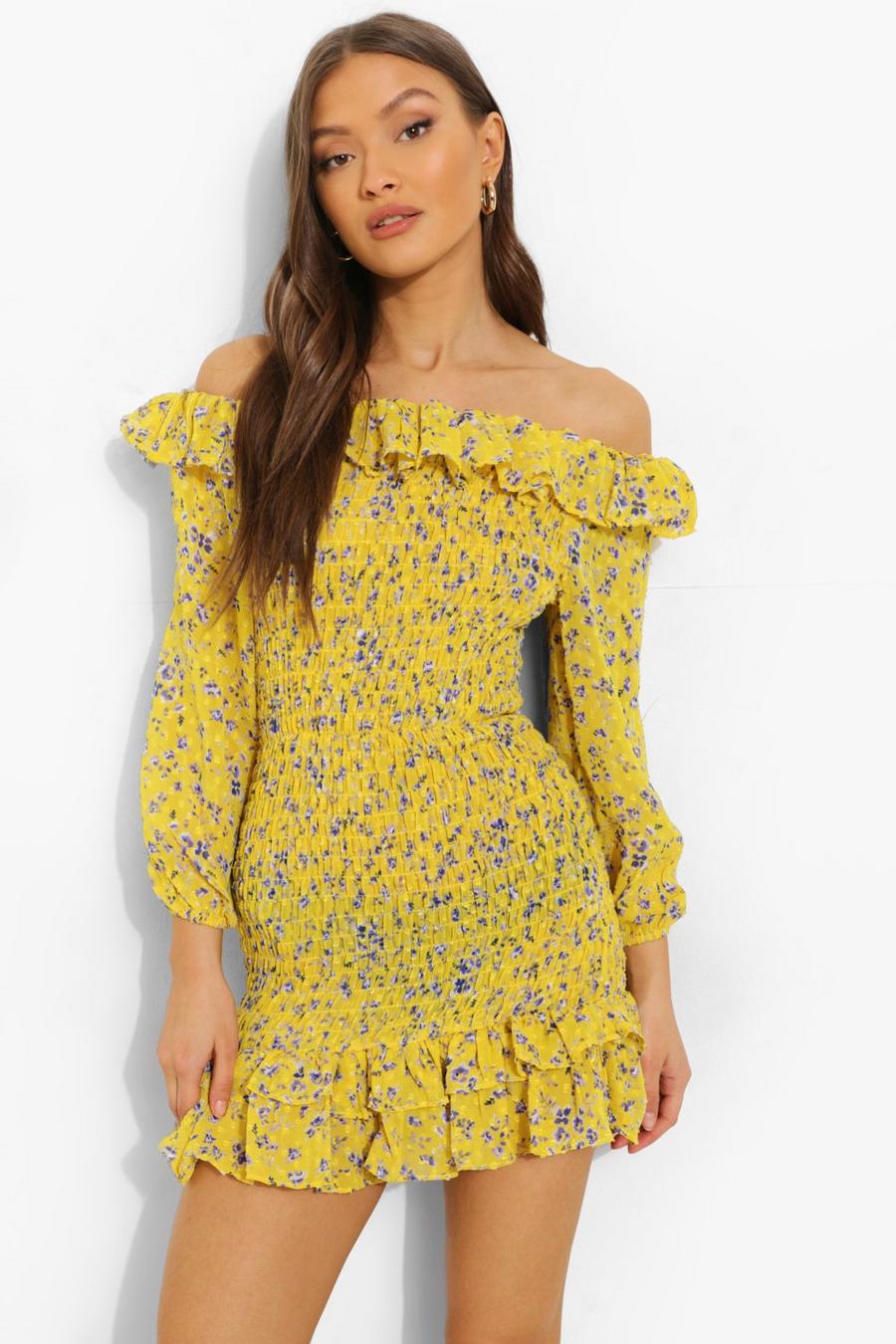 Yellow Floral Print Off The Shoulder Frill Hem Mini Dress image number 1