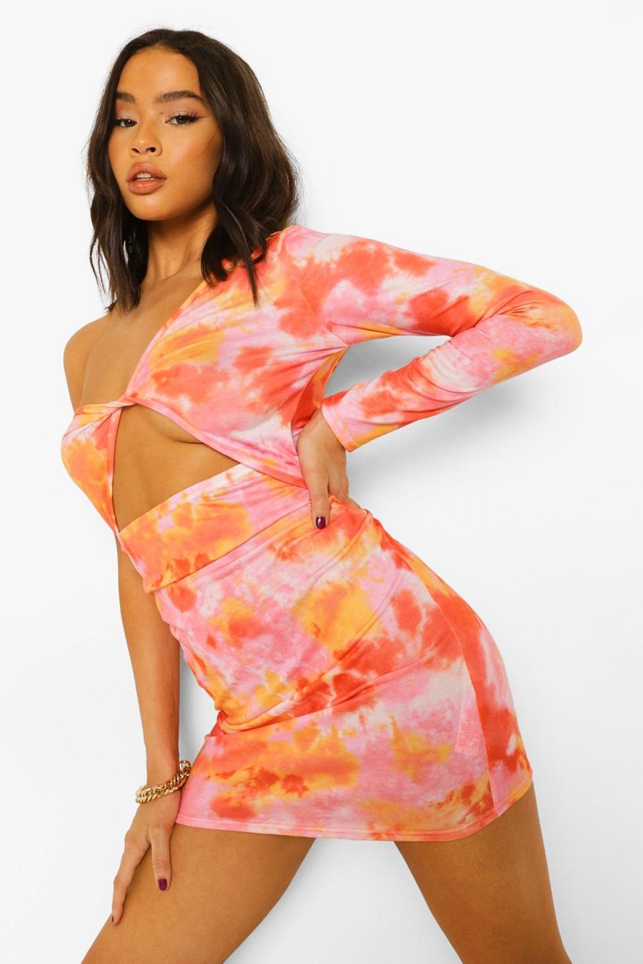 Red Tie Dye Cut Out Twist Mini Bodycon image number 1