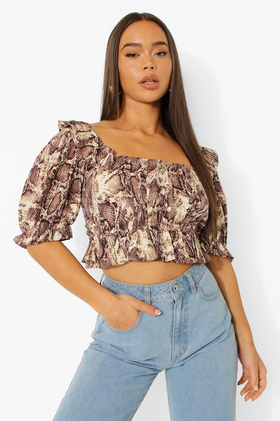 Stone Snake Ruffle Button Up Crop Top image number 1