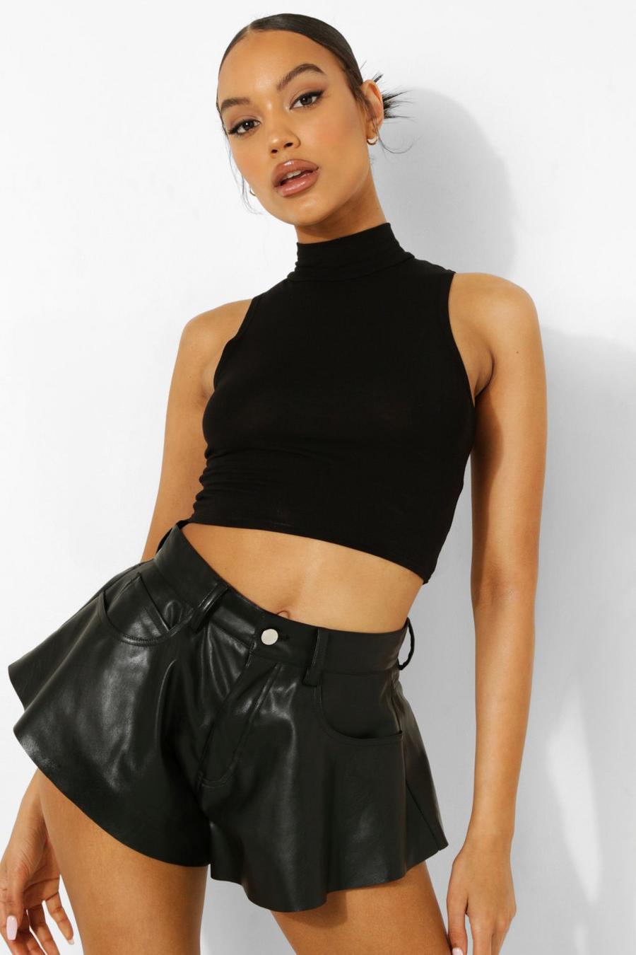 Black Frill Faux Leather Pu Short image number 1