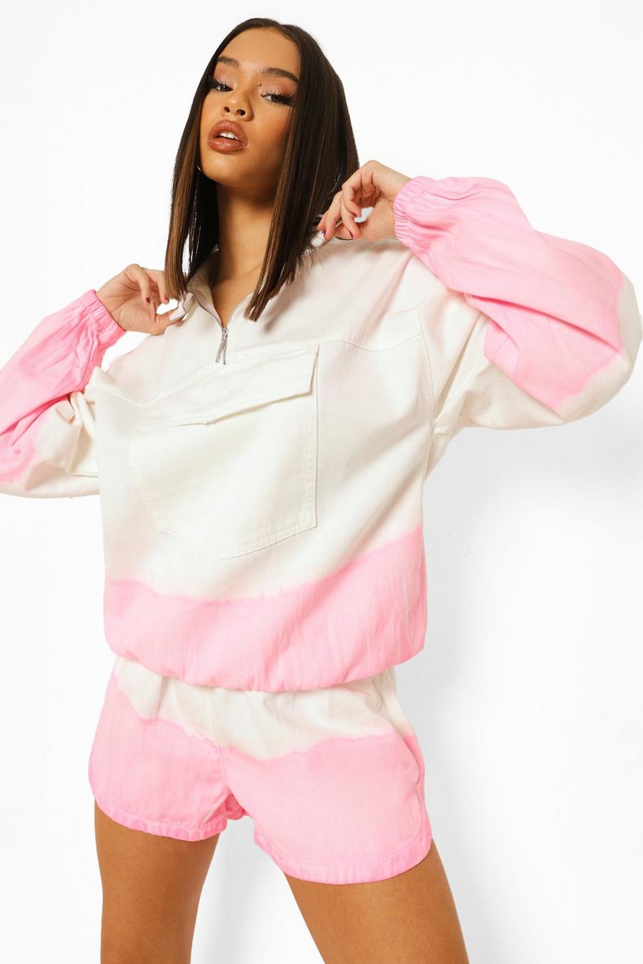 Veste en jean tie-dye zippée à col cheminée, Neon-pink image number 1