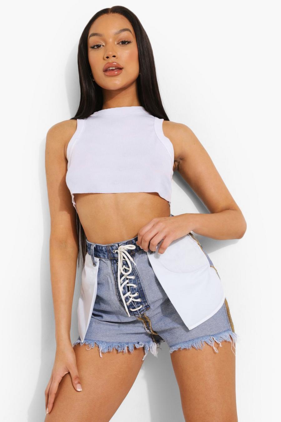 Mid blue Inside Out Lace Front Denim Mom Shorts image number 1