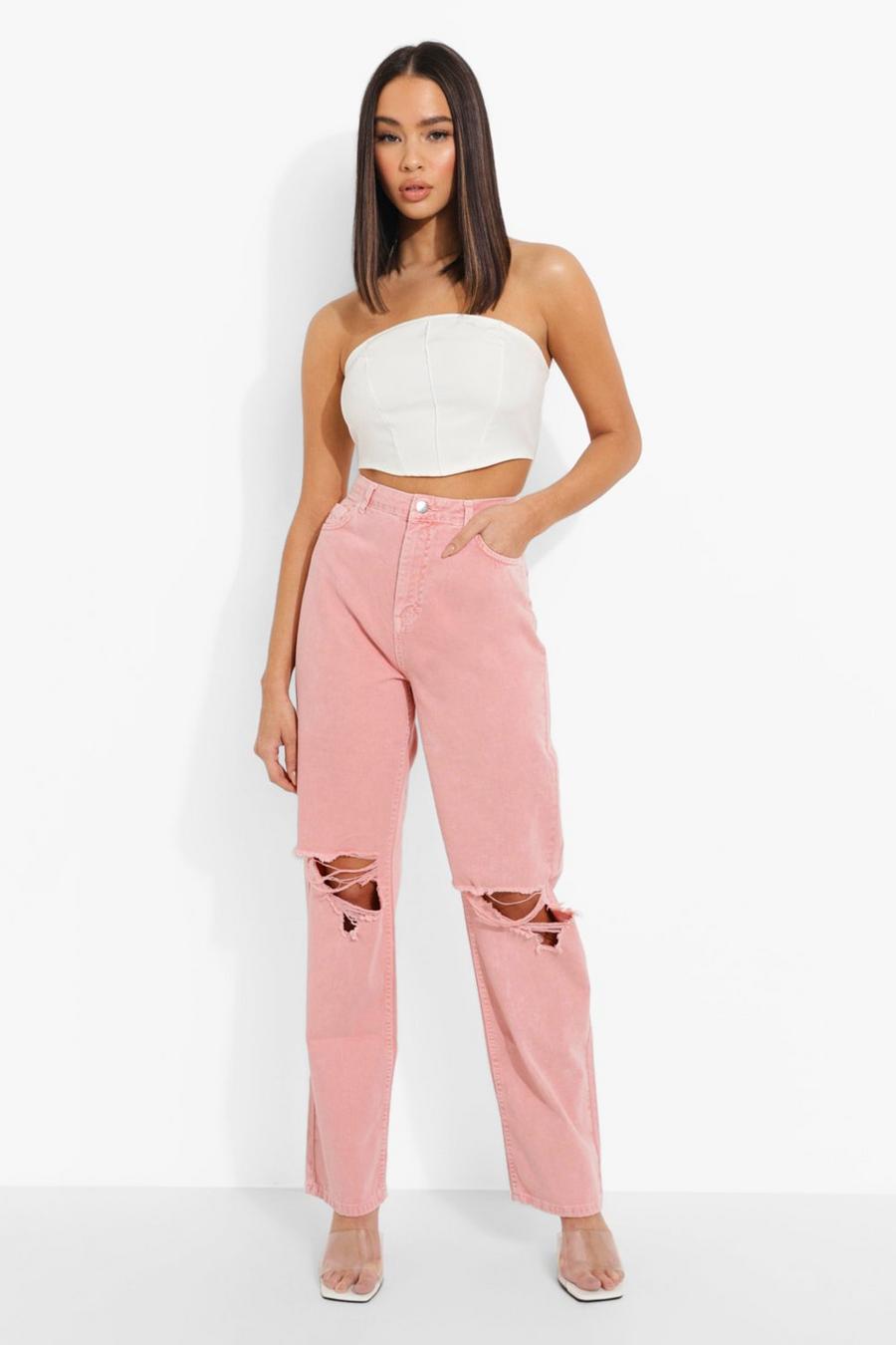 Peach Busted Knee Pastel Wash Boyfriend Jeans image number 1