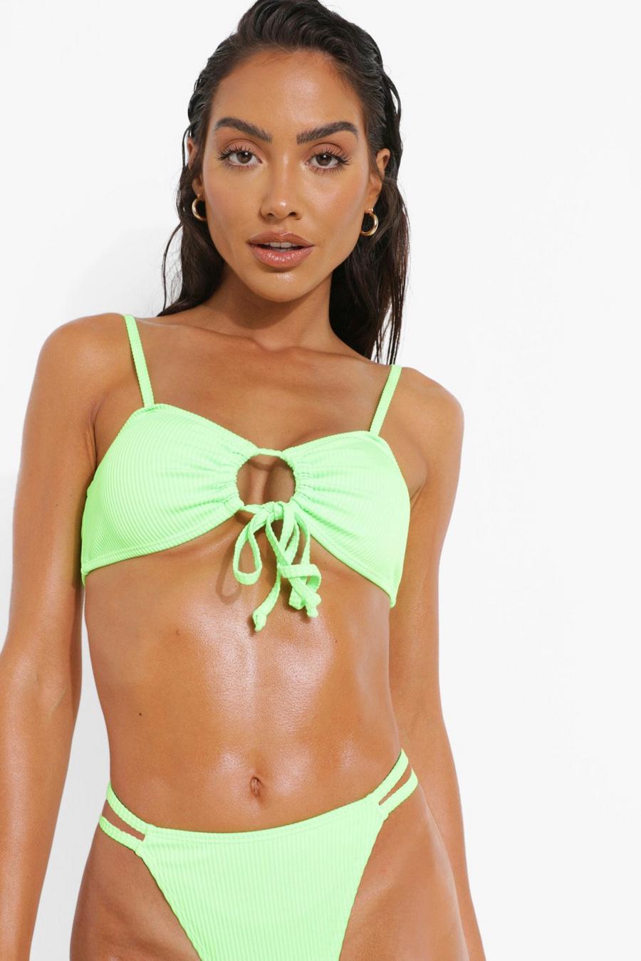 Green Ribbed Cut Out Bikini Top image number 1
