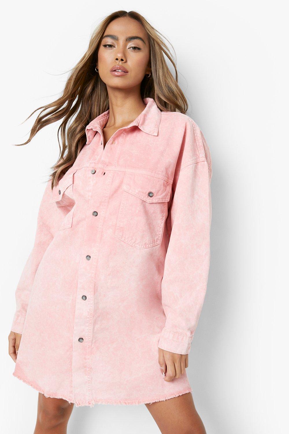 Acid Wash Frayed Hem Denim Shirt Dress