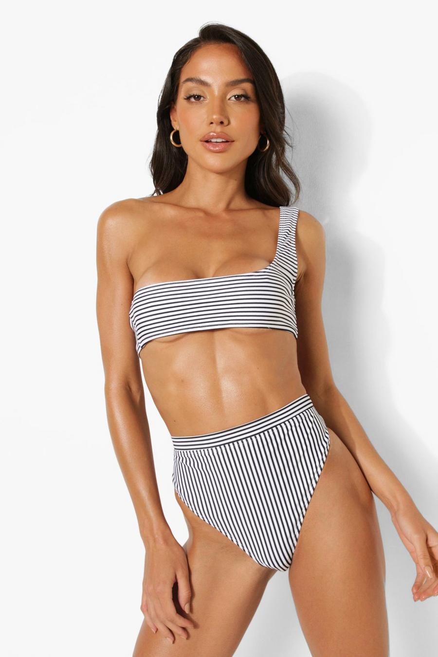 Mono Stripe One Shoulder Bikini Crop Top image number 1