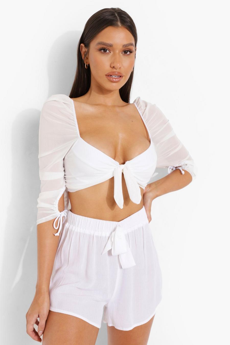 White Bride Double Layer Ruched Sleeve Crop Top image number 1