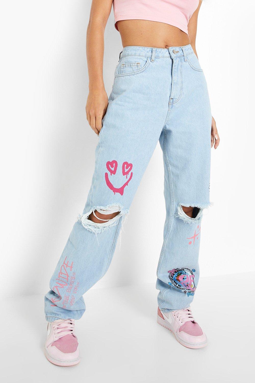 graffiti ripped mom jeans