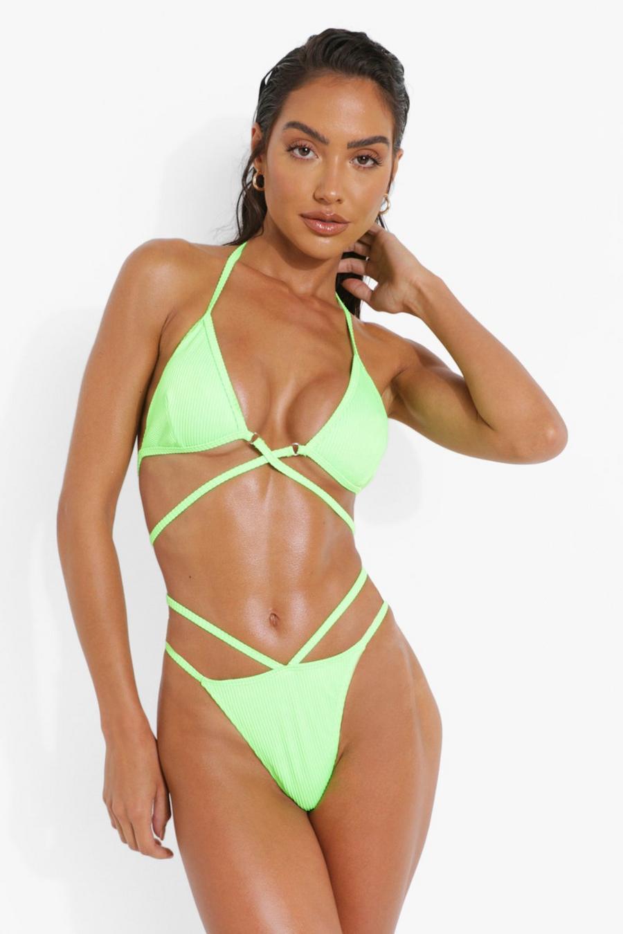 Green Ribbed Cut Out Bikini Brief image number 1