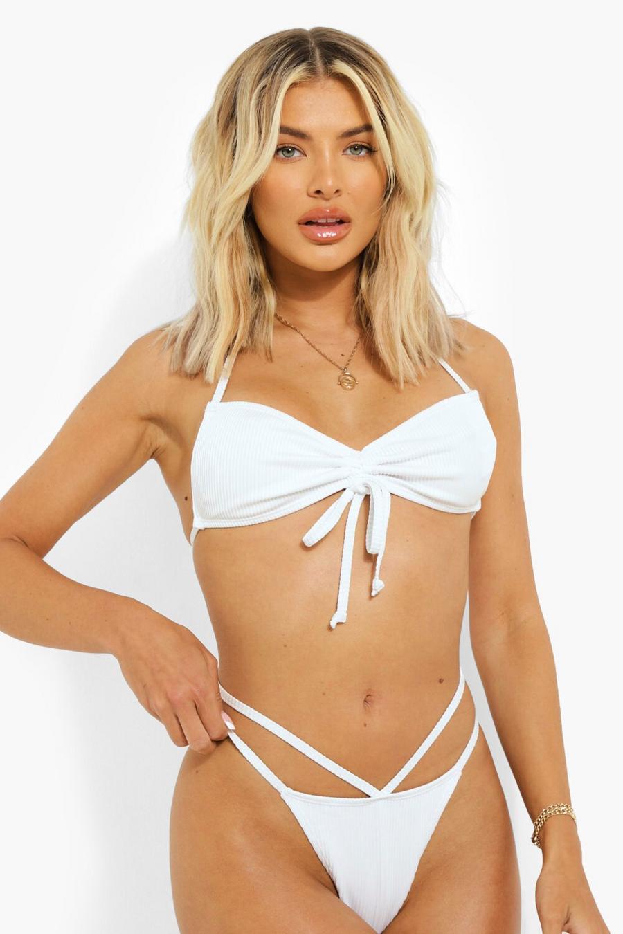 White Ribbed Cut Out Bikini Brief image number 1