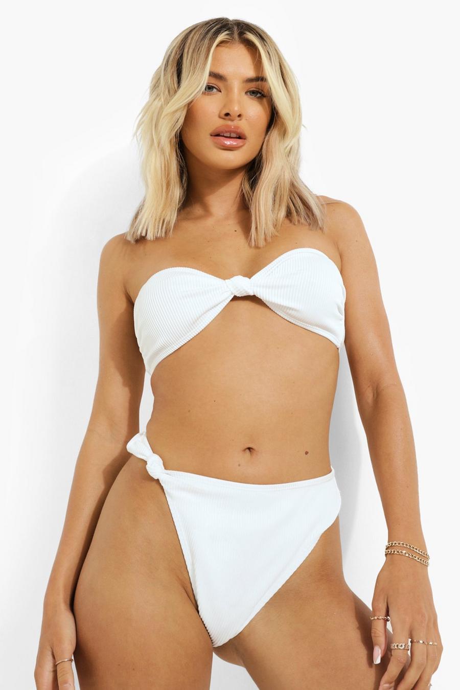 Gerippte Bikinihose mit hohem Beinausschnitt und Twist-Knoten, White image number 1