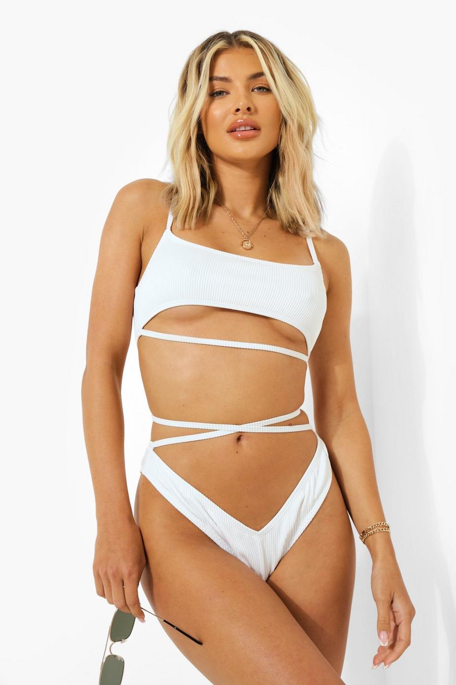 Gerippter Bikinihose zum Schnüren mit V-Front, White image number 1