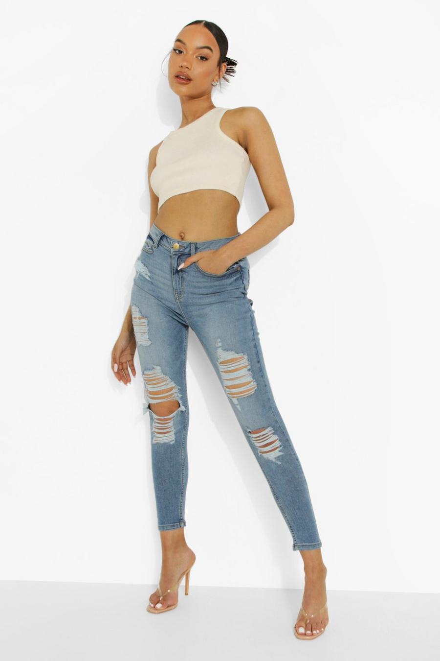 Mid blue Ripped 5 Pocket High Waist Skinny Jeans image number 1