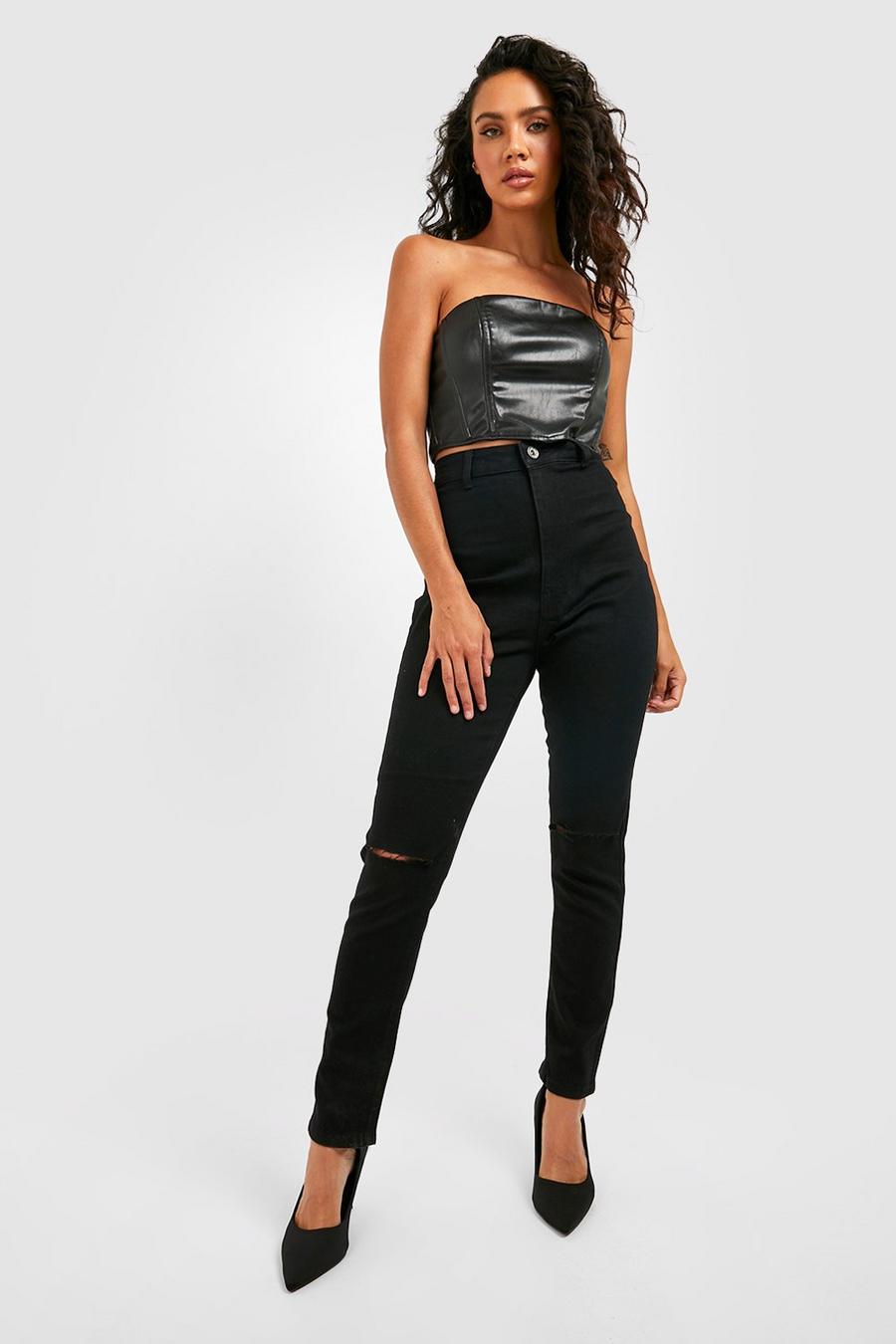 Jeans Basics a vita alta Skinny Fit stile Disco con strappi, Black image number 1