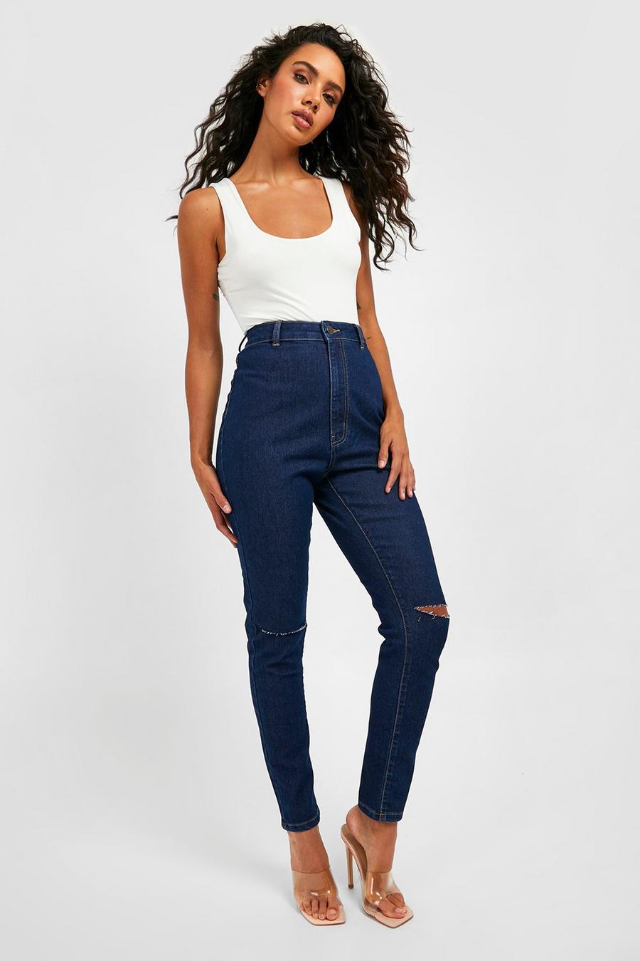 Jeans Basics a vita alta Skinny Fit stile Disco con strappi, Indigo image number 1