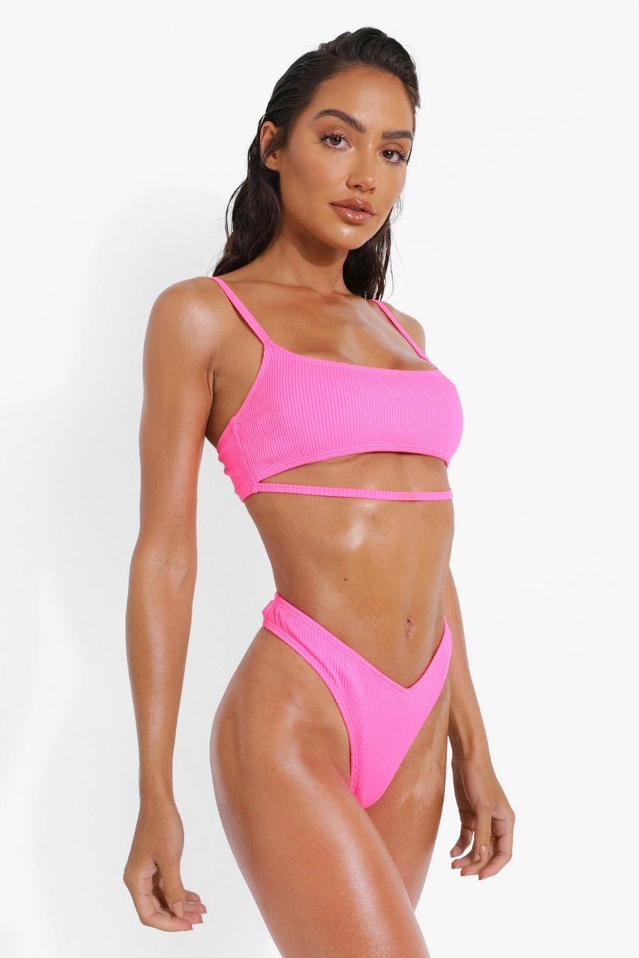 Pink Ribbed Cut Out Square Neck Bikini Top image number 1