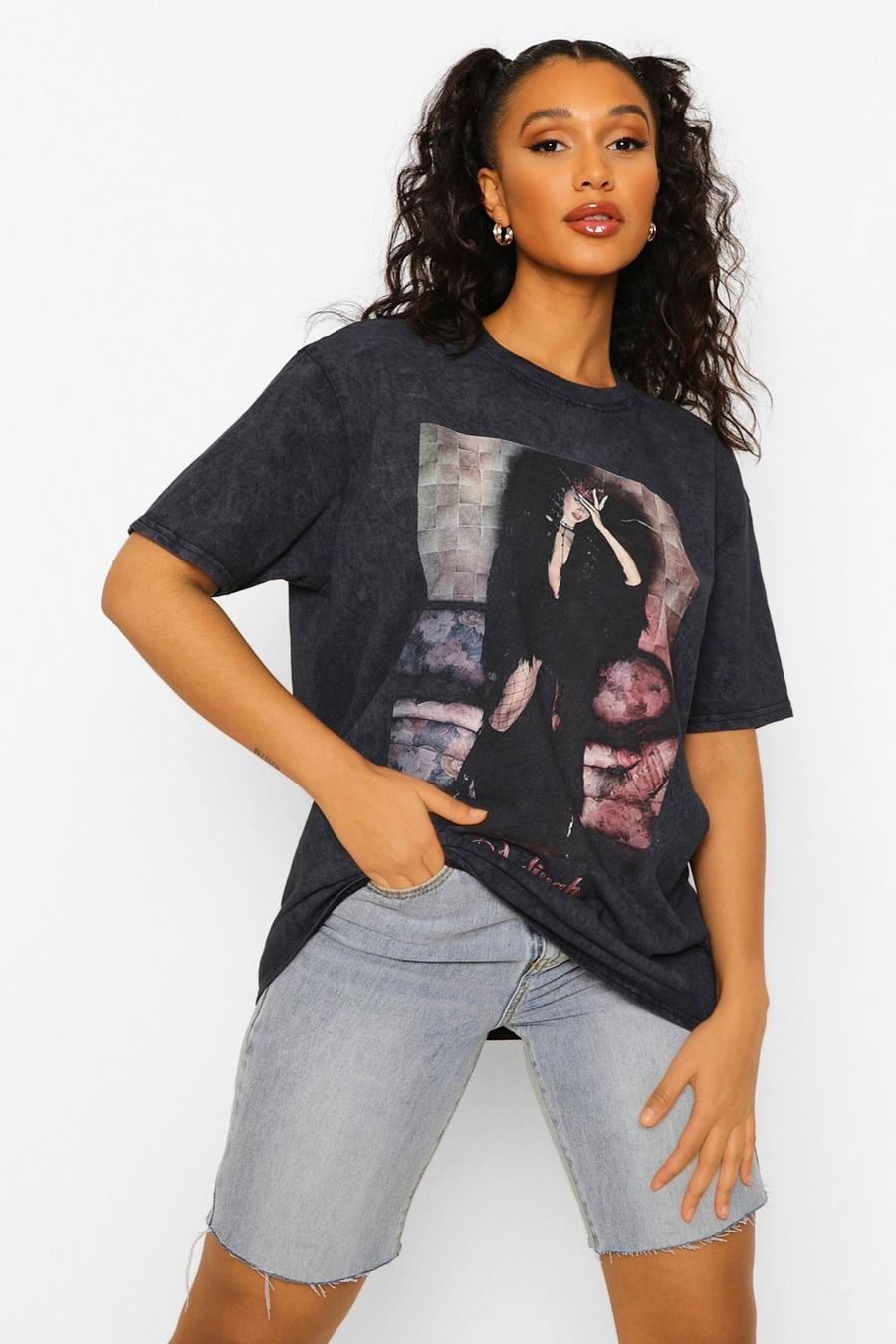 שחור טישרט אוברסייז אסיד ווש עם הדפס ממותג של Aaliyah image number 1