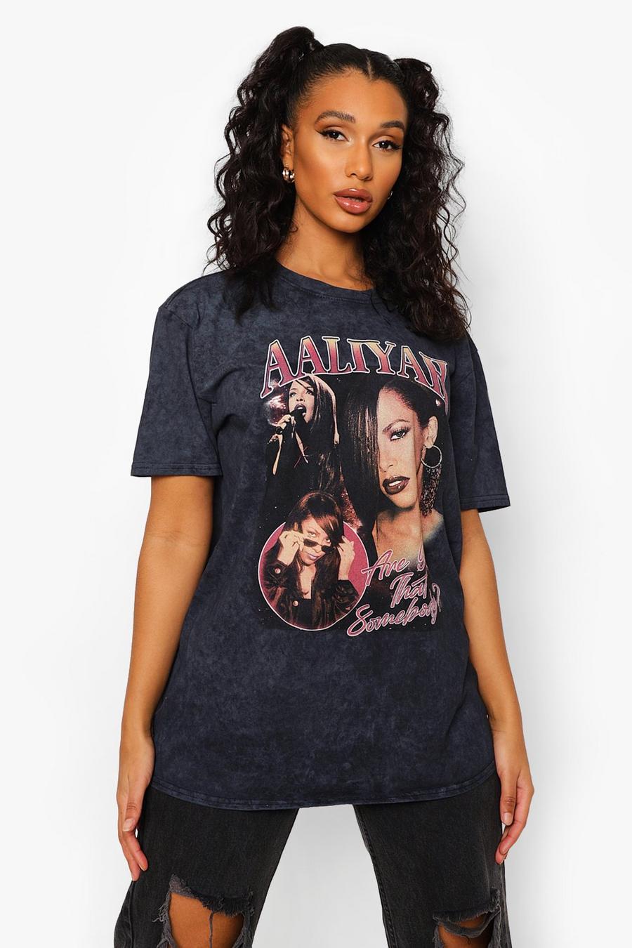 T-shirt oversize a lavaggio acido con stampa ufficiale di Aaliyah, Nero image number 1