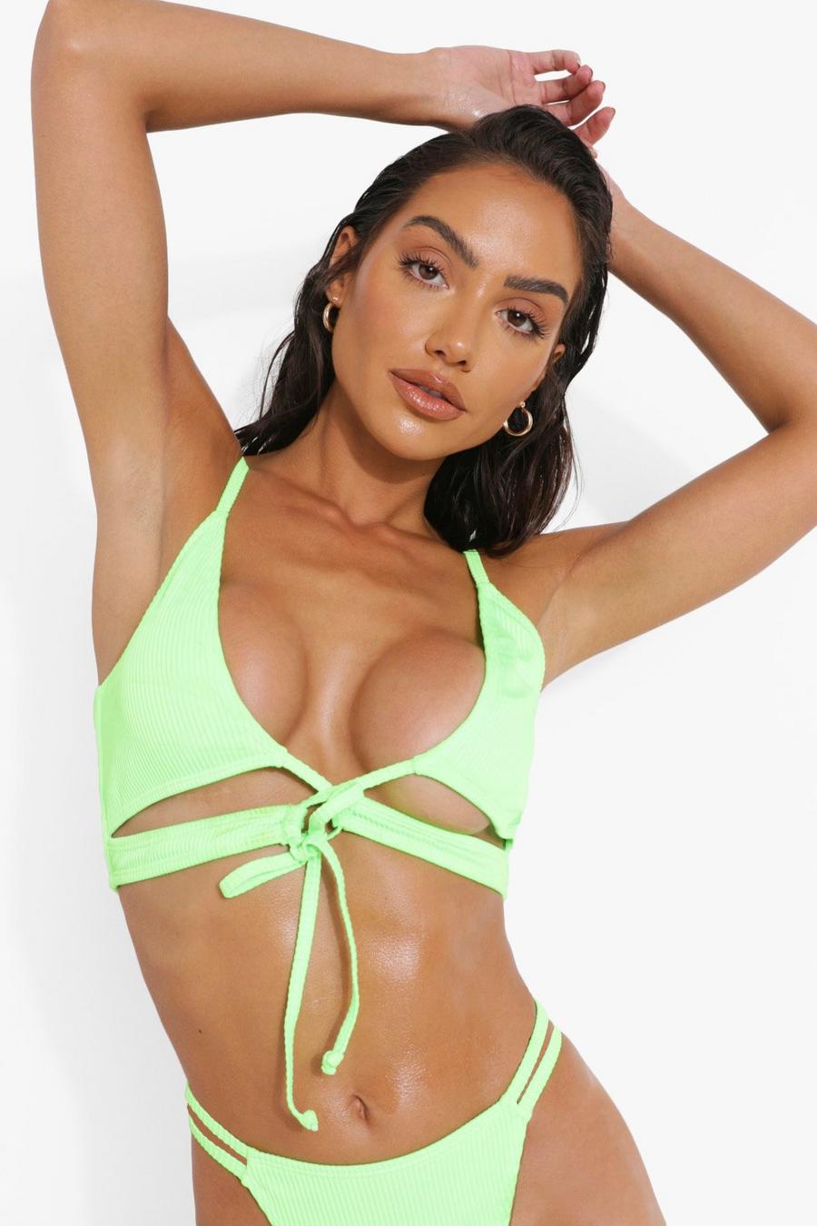 Green Ribbed Tie Front Bikini Crop Top image number 1