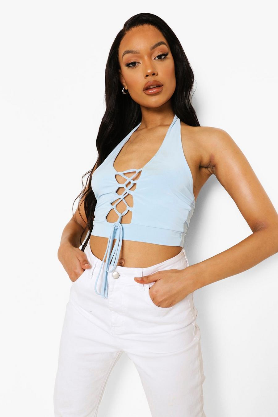 Blue Lace Up Cami Crop Top image number 1