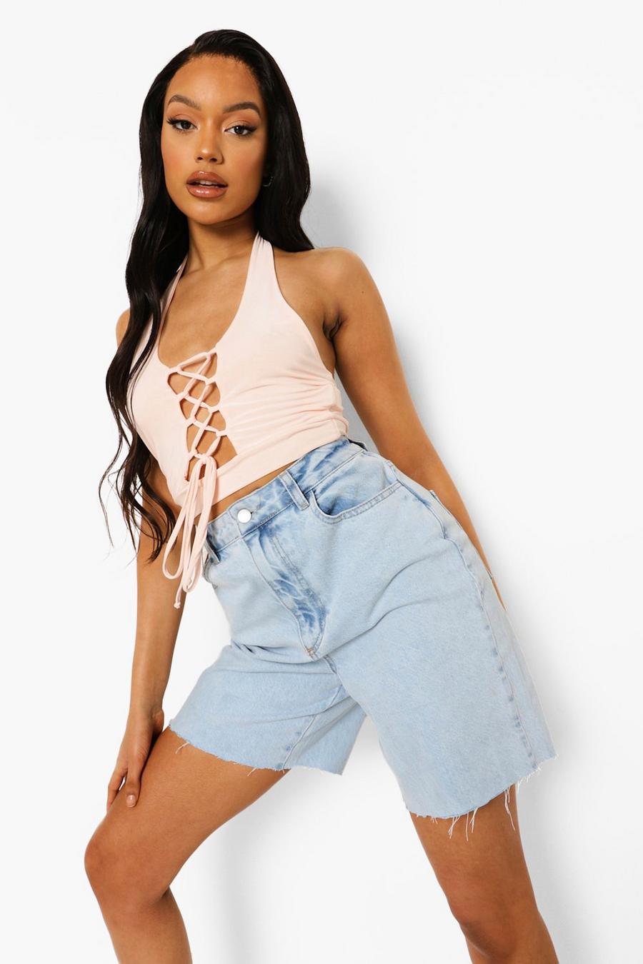 Nude Lace Up Cami Crop Top image number 1
