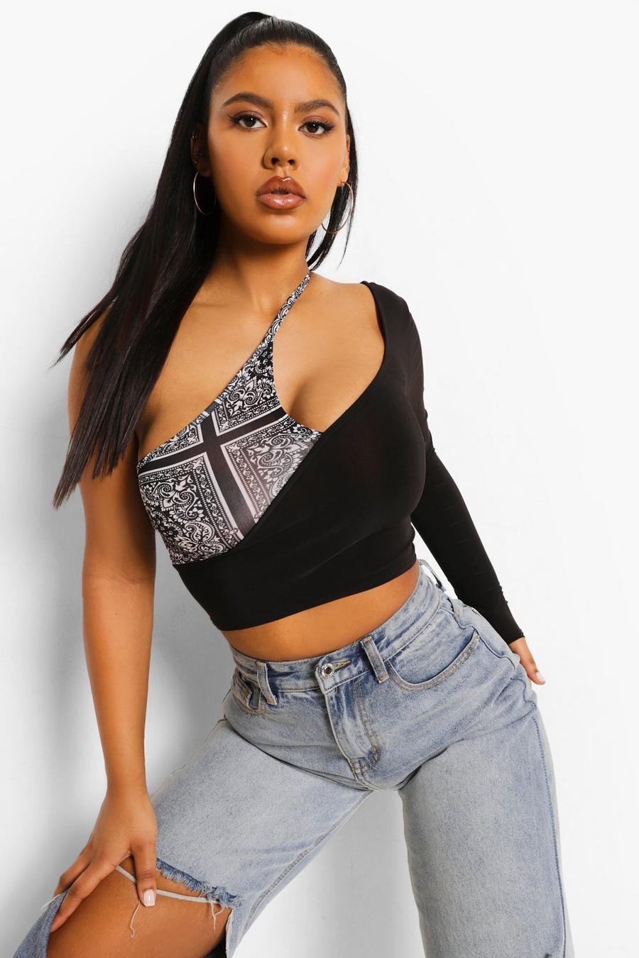 Black One Shoulder Bandana Crop Top image number 1