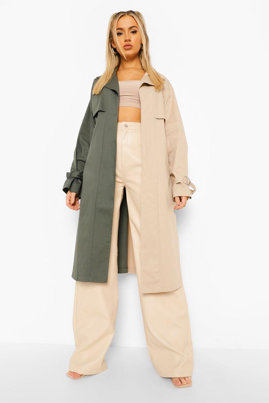Khaki Color Block Belted Trench Coat image number 1